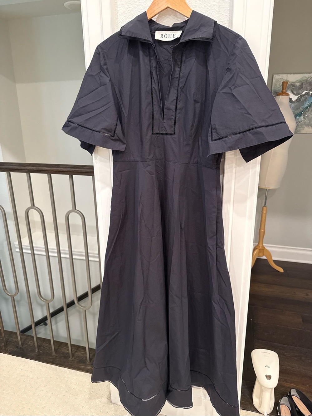 ROHE Ladder Embroidered Poplin Midi Dress Navy Size 38 US 6 - Picture 2 of 8